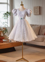 Gray Tulle Puff Sleeve Pearls Homecoming Dress