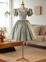 Green Puff Sleeve Bow Homecoming Dress