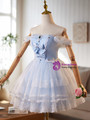 Blue Tulle Lace Pleats Bow Homecoming Dress