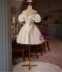 White Satin Puff Sleeve Lace Homecoming Dress