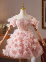 Pink Tulle 3D Flower Beading Crystal Homecoming Dress
