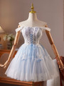 Light Blue Tulle Lace Straps Homecoming Dress