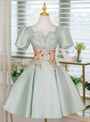 Green Short Sleeve Appliques Homecoming Dress