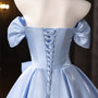Blue Satin Pleats Flower Homecoming Dress