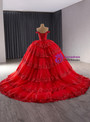 Red Ball Gown Sequins Lace Tiers Prom Dress