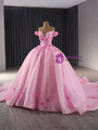 Pink Tulle Off the Shoulder 3D Flower Prom Princess Dress