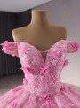 Pink Tulle Off the Shoulder 3D Flower Prom Princess Dress
