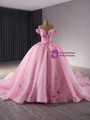 Pink Tulle Off the Shoulder 3D Flower Prom Princess Dress