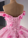 Pink Tulle Off the Shoulder 3D Flower Prom Princess Dress