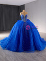 Royal Blue Tulle Spaghetti Straps Bow Beading Prom Dress