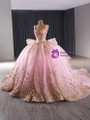 Pink Tulle Gold Sequins Pearl Prom Dress