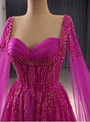 Fuchsia Tulle Square Neck Beading Sequins Prom Dress