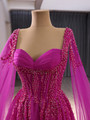 Fuchsia Tulle Square Neck Beading Sequins Prom Dress