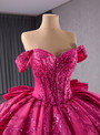 Fuchsia Sequins Off the Shoulder Bow Prom Dress