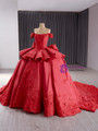 Red Satin Off the Shoulder Appliques Bow Prom Dress