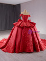 Red Satin Off the Shoulder Appliques Bow Prom Dress