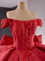 Red Satin Off the Shoulder Appliques Bow Prom Dress