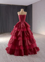Burgundy Tulle Lace Beading Strapless Prom Dress