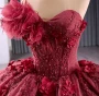 Burgundy Ball Gown Tulle Strapless Appliques Beading Prom Dress