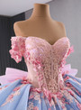 Blue Ball Gown Tulle Pink 3D Appliques Prom Dress