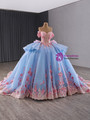Blue Ball Gown Tulle Pink 3D Appliques Prom Dress