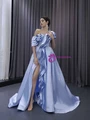 Blue Satin One Shoulder Sequins Prom Dress