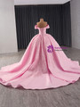 Pink Satin Off the Shoulder Pleats Sequins Prom Dress