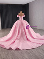 Pink Satin Off the Shoulder Pleats Sequins Prom Dress