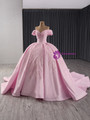 Pink Satin Off the Shoulder Pleats Sequins Prom Dress