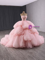 Pink Tulle Strapless 3D Appliques Prom Dress