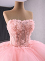 Pink Tulle Strapless 3D Appliques Prom Dress