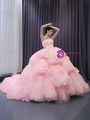 Pink Tulle Strapless 3D Appliques Prom Dress