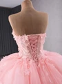 Pink Tulle Strapless 3D Appliques Prom Dress
