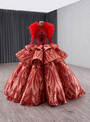 Red Ball Gown Sequins Long Sleeve High Neck Prom Dress