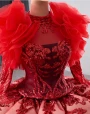 Red Ball Gown Sequins Long Sleeve High Neck Prom Dress