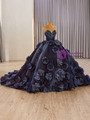Navy Blue Tulle Straples 3D Flower Beading Prom Dress