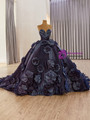 Navy Blue Tulle Straples 3D Flower Beading Prom Dress