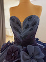 Navy Blue Tulle Straples 3D Flower Beading Prom Dress