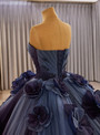 Navy Blue Tulle Straples 3D Flower Beading Prom Dress