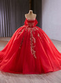 Red Ball Gown Tulle Sequins Pearls Prom Dress