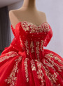 Red Ball Gown Tulle Sequins Pearls Prom Dress