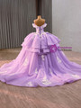 Purple Ball Gown Tulle 3D Appliques Prom Dress