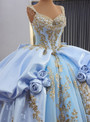 Blue Ball Gown Tulle Sequins Appliques Prom Dress