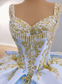 Blue Ball Gown Tulle Sequins Appliques Prom Dress