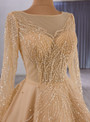 Champagne Sequins Tulle Long Sleeve Prom Dress