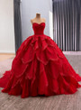 Red Ball Gown Sequins Beading Prom Dress With Detachable Hem