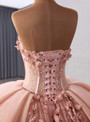 Pink Tulle Sequins Beading 3D Appliques Prom Dress