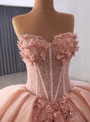 Pink Tulle Sequins Beading 3D Appliques Prom Dress