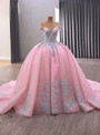 Pink Tulle Off the Shoulder Appliques Beading Prom Dress
