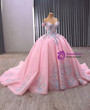 Pink Tulle Off the Shoulder Appliques Beading Prom Dress